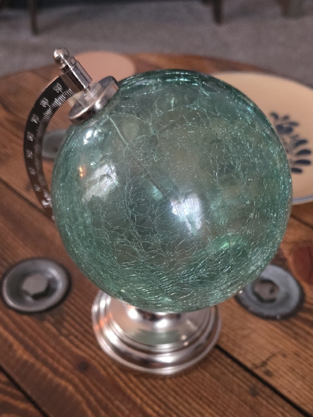 Decorative Crackle Glass Globe on Silver Stand - Seafoam Green - Picture 2 of 3